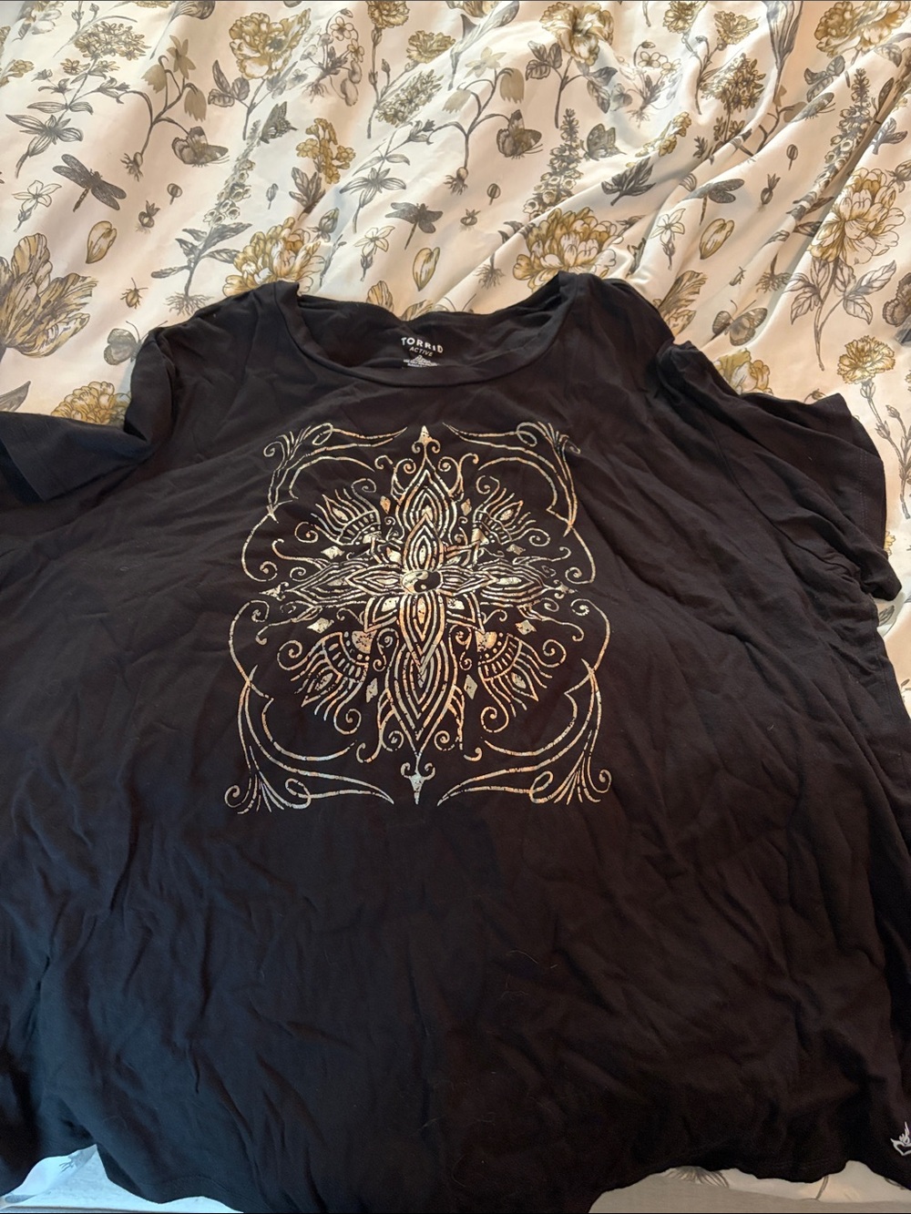 torrid Black Short-Sleeve Scoop Neck Top with Gold Medallion Graphic